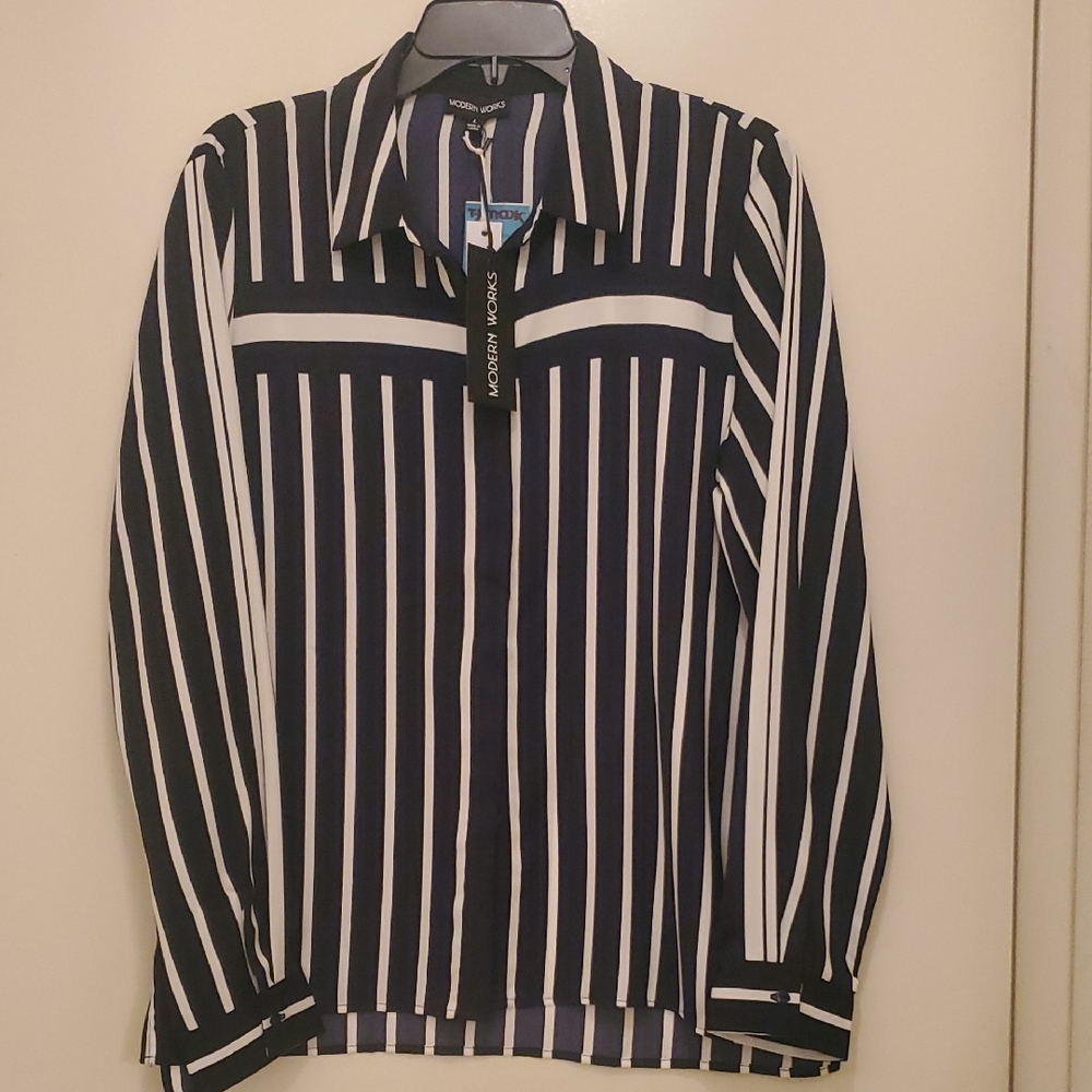 Navy and White Striped Button Blouse
